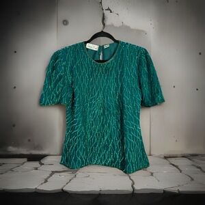Vintage Lawrence Kazar Green Beaded Top Size S 80s Sequin Party Blouse (Flaws)